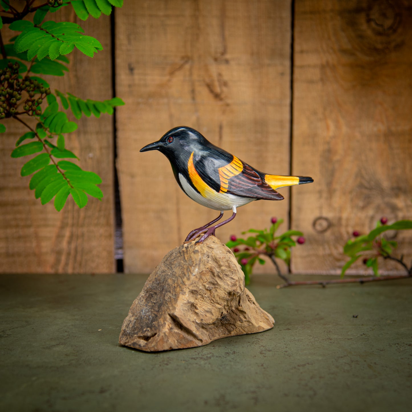 Hand Made Hand Painted Wooden Sculpture of an American Redstart