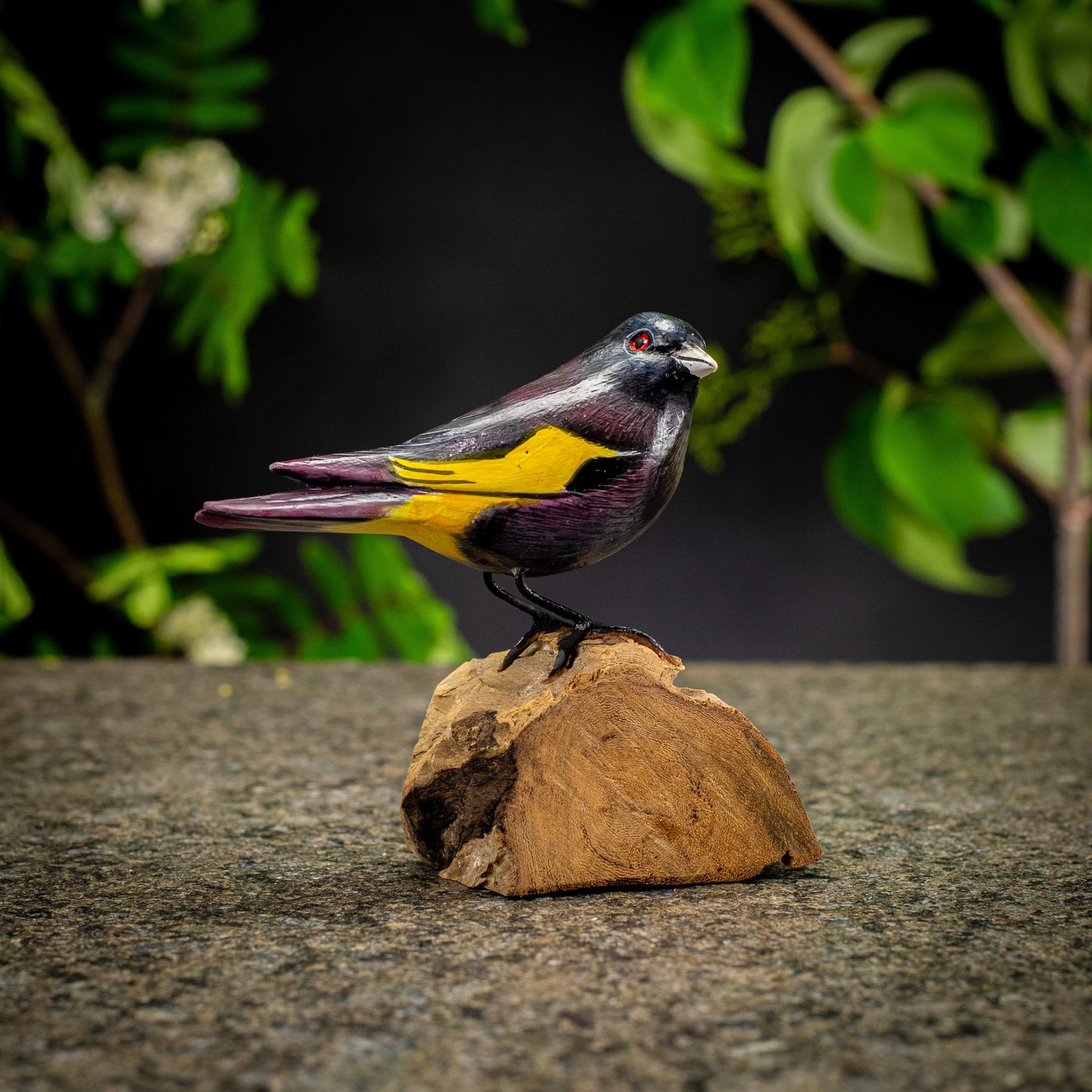 Hand Made Hand Painted Wooden Sculpture of a Black Siskin