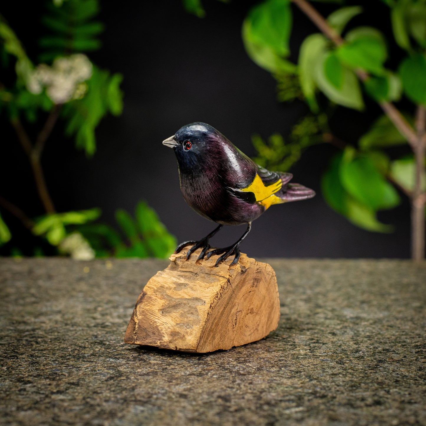 Hand Made Hand Painted Wooden Sculpture of a Black Siskin