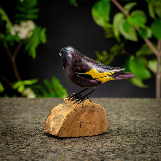 Hand Made Hand Painted Wooden Sculpture of a Black Siskin