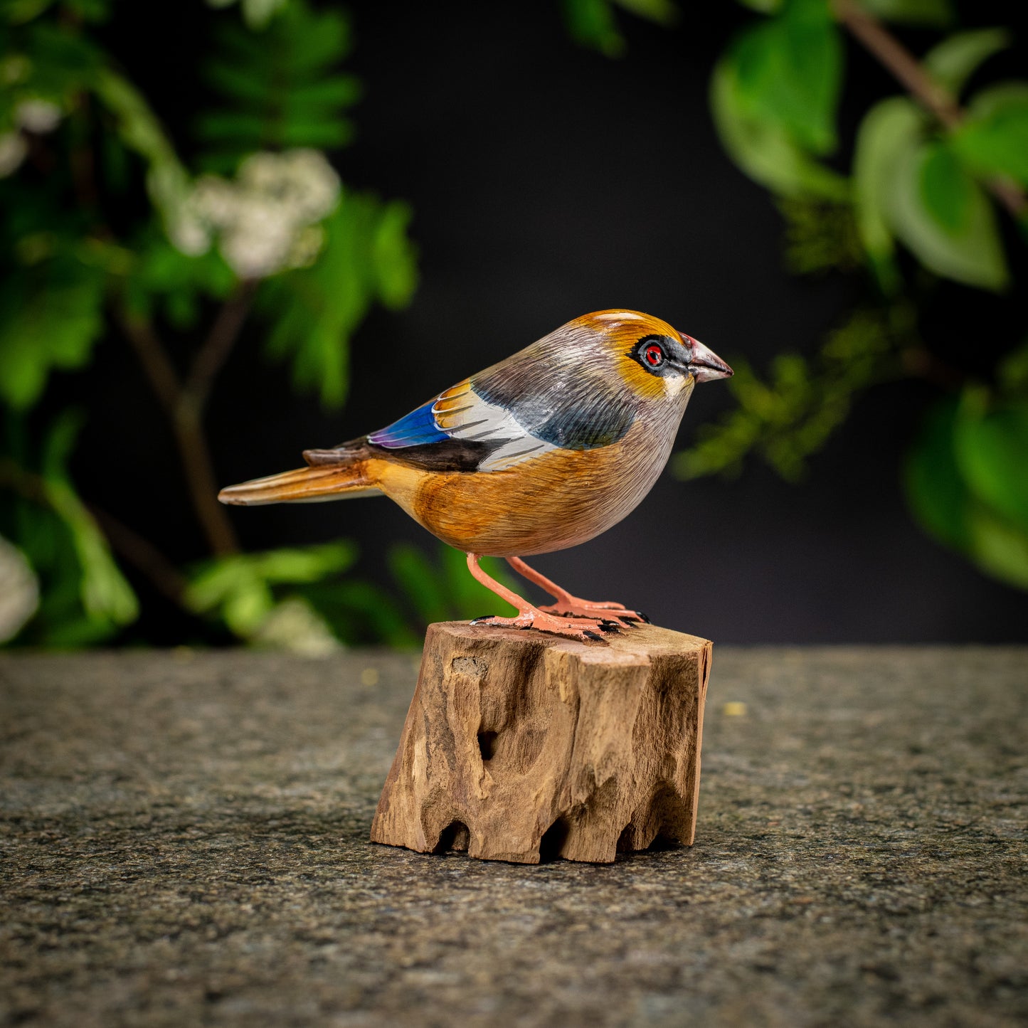 Hand Made Hand Painted Wooden Sculpture of a Hawfinch