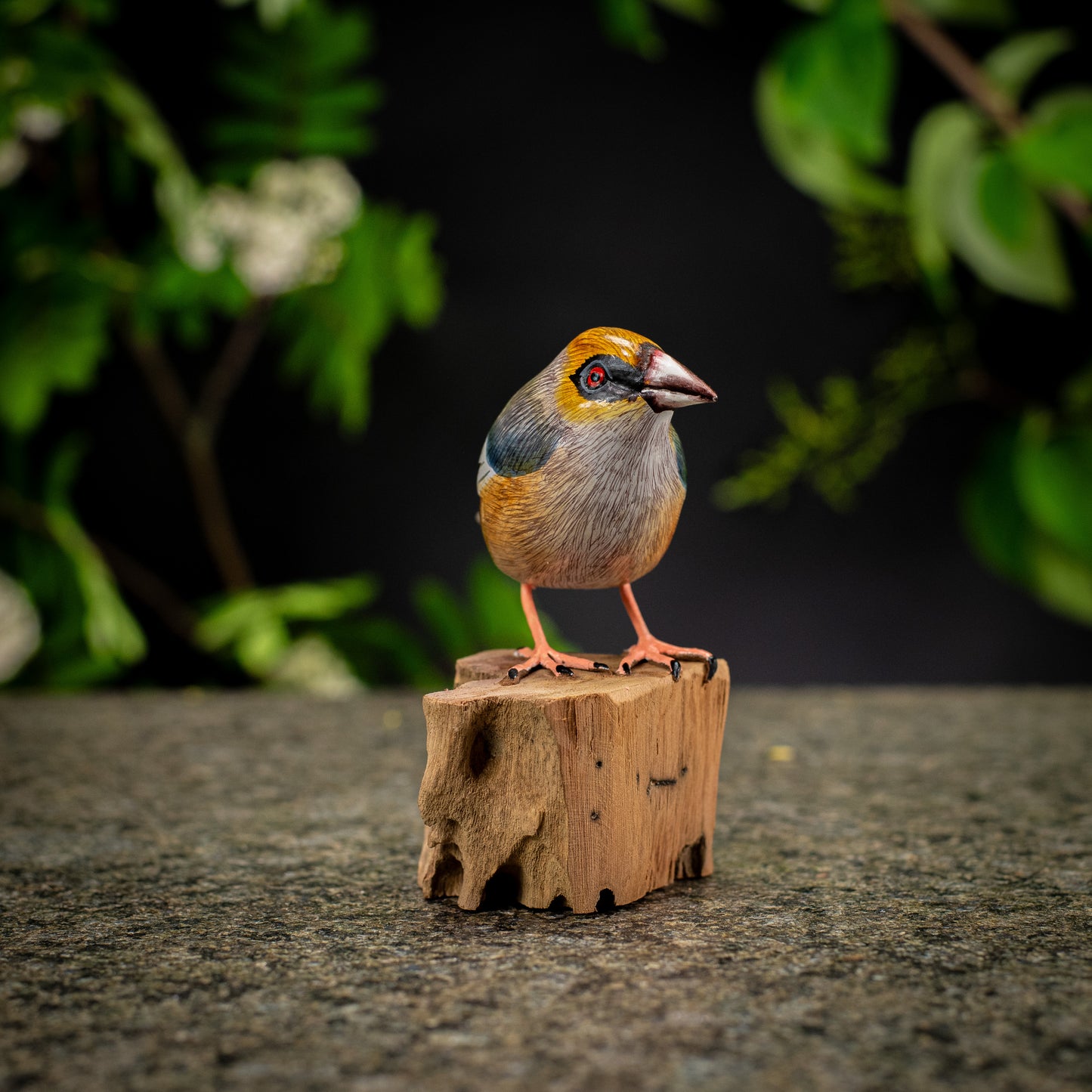 Hand Made Hand Painted Wooden Sculpture of a Hawfinch