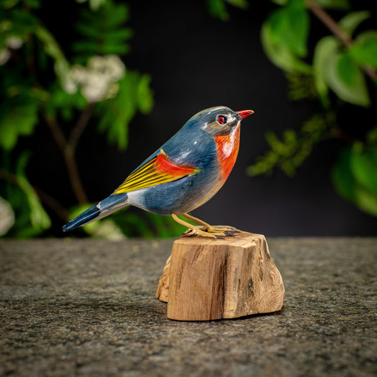 Hand Made Hand Painted Wooden Sculpture of a Red-Billed Leiothrix