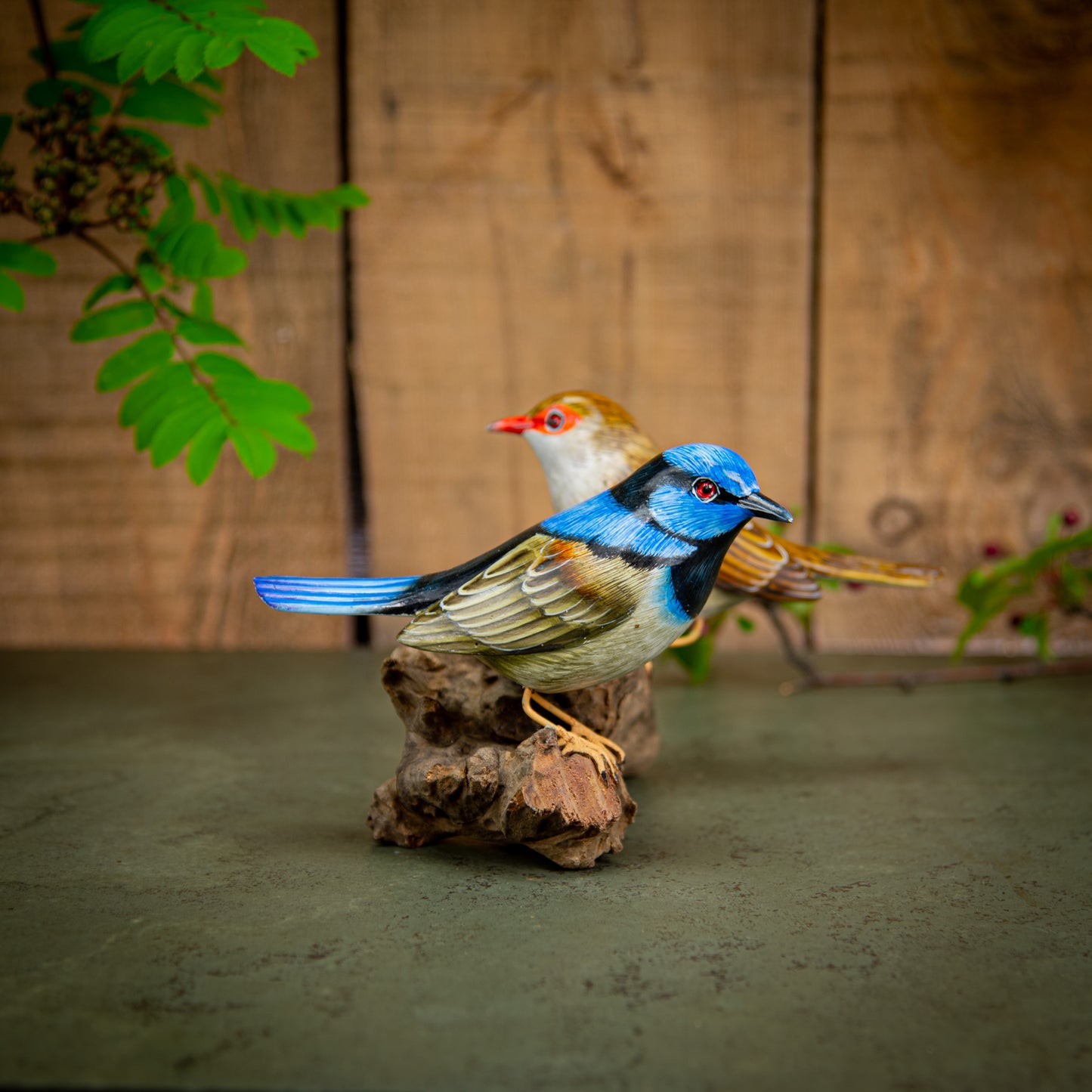 Hand Made Hand Painted Wooden Sculpture of a Pair of Superb Fairy Wrens