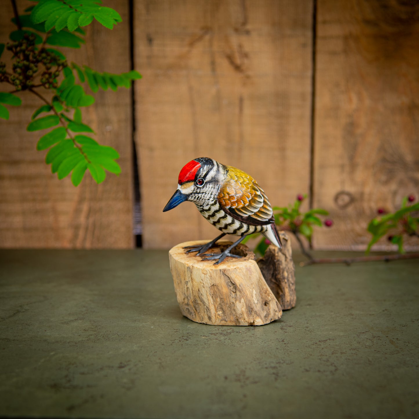 Hand Made Hand Painted Wooden Sculpture of a White Barred Woodpecker