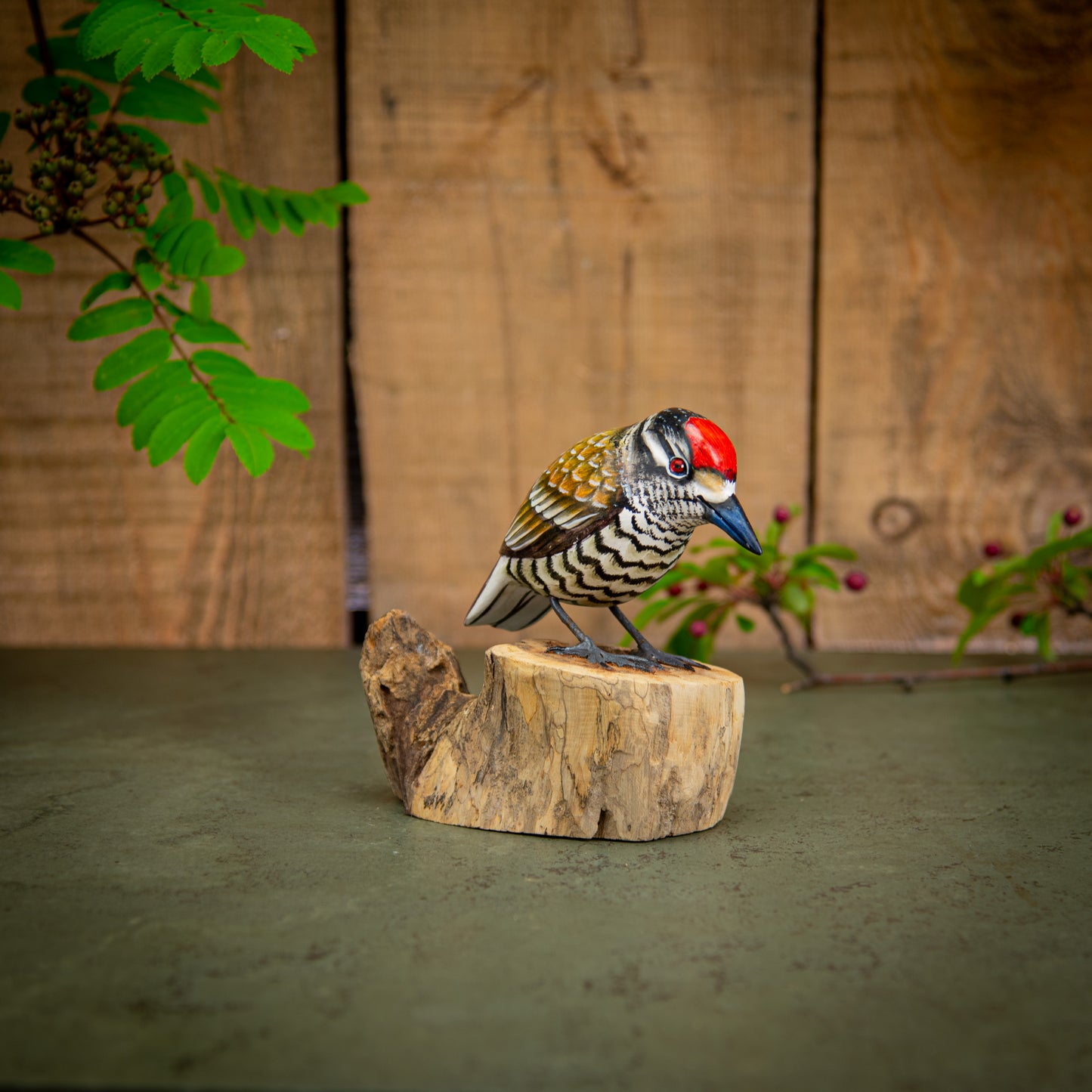 Hand Made Hand Painted Wooden Sculpture of a White Barred Woodpecker