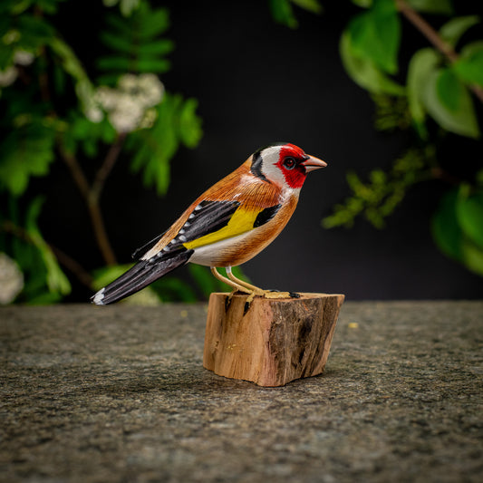 Hand Made Hand Painted Wooden Sculpture of a European Goldfinch