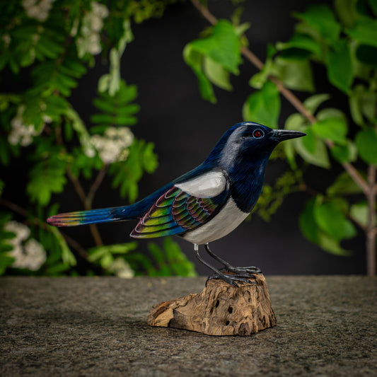 Hand Made Hand Painted Wooden Sculpture of a Magpie