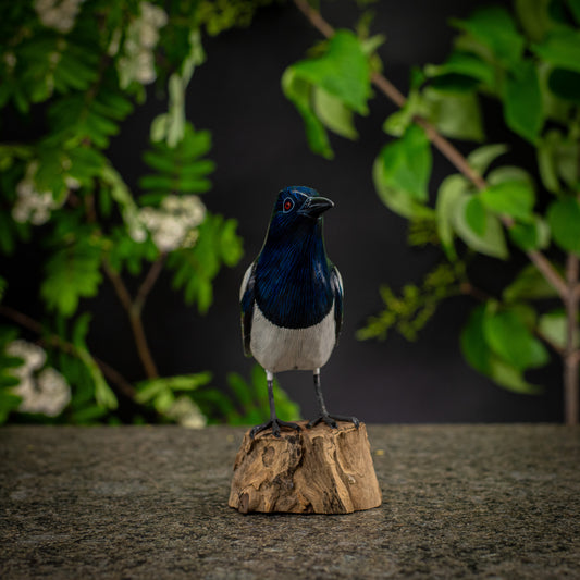 Hand Made Hand Painted Wooden Sculpture of a Magpie
