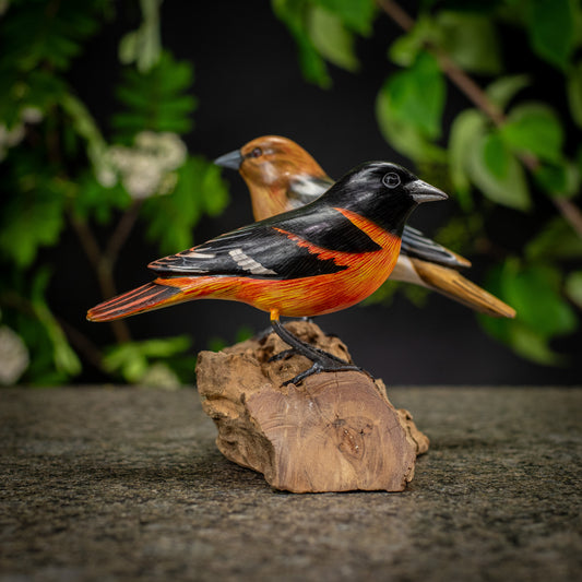 Hand Made Hand Painted Wooden Sculpture of a Baltimore Oriole Pair