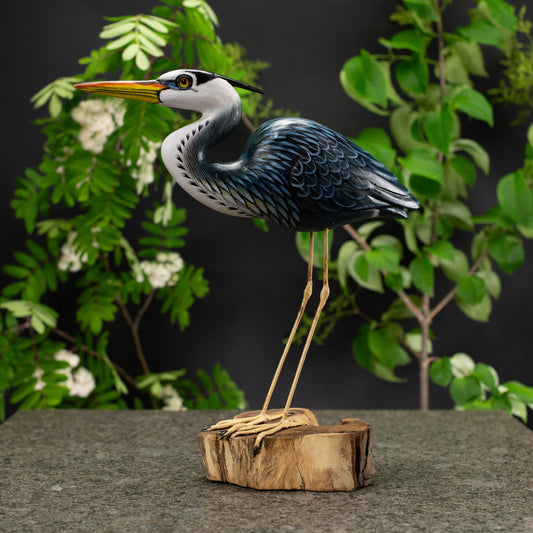 Hand Made Hand Painted Wooden Sculpture of a Great Blue Heron