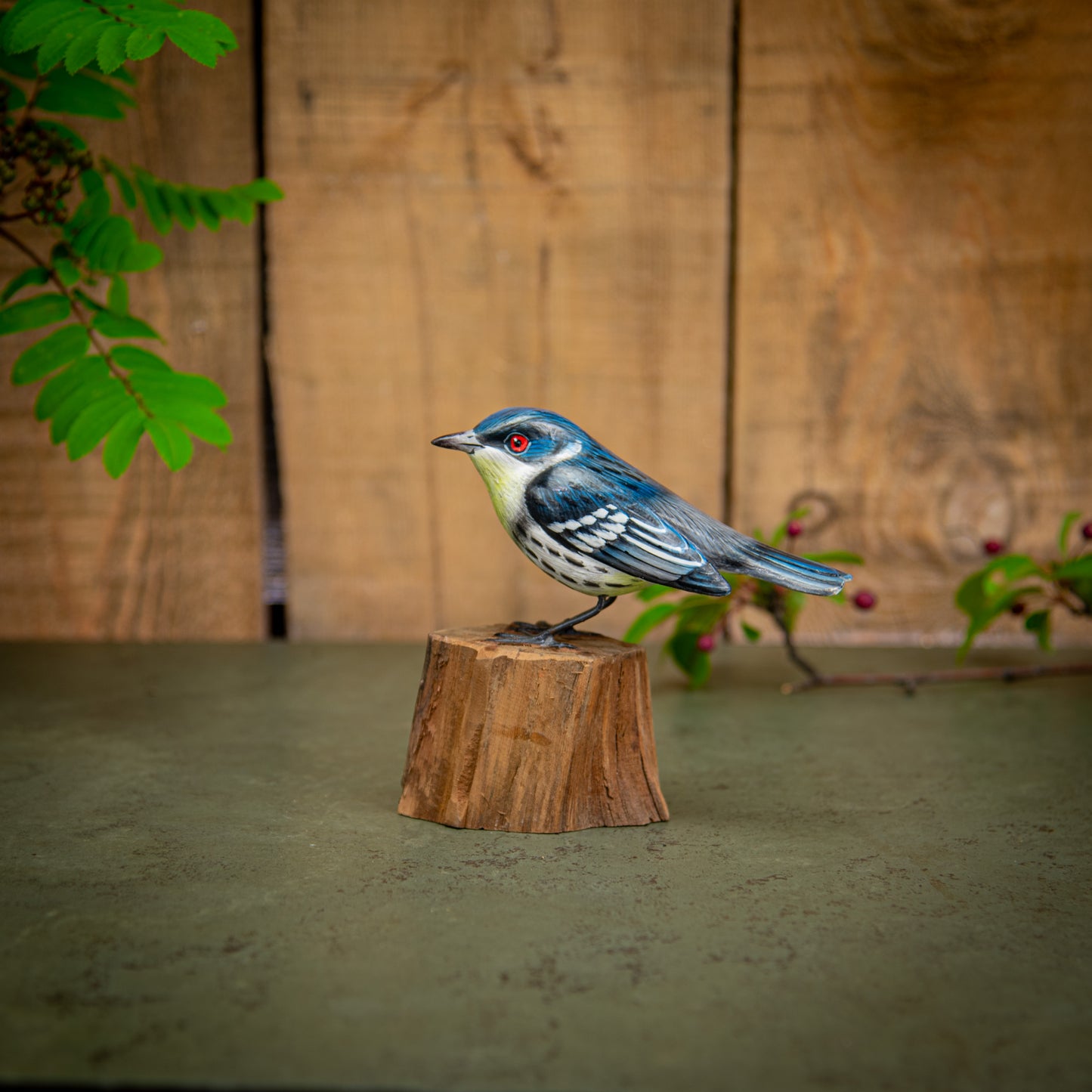 Hand Made Hand Painted Wooden Sculpture of a Cerulean Warbler