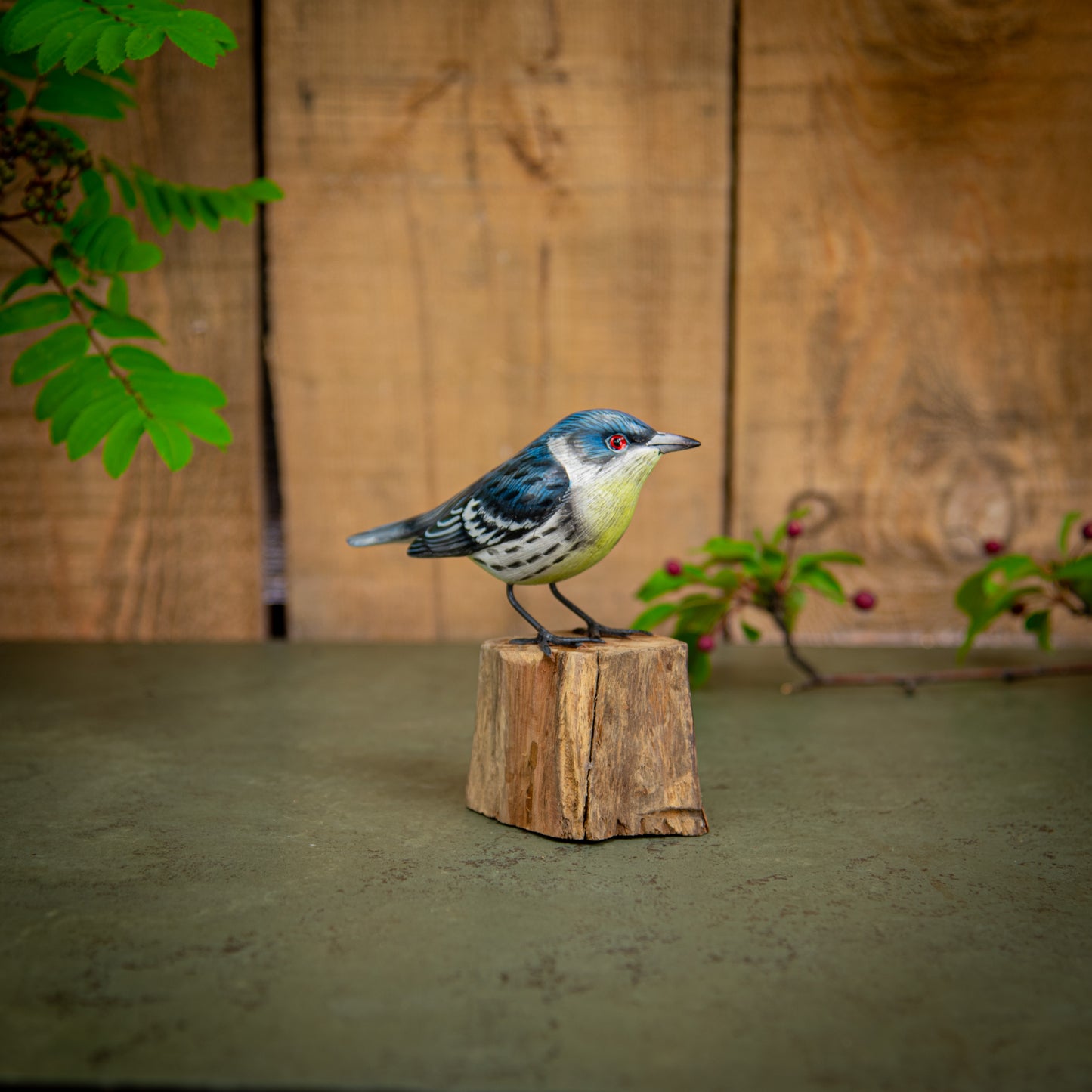 Hand Made Hand Painted Wooden Sculpture of a Cerulean Warbler