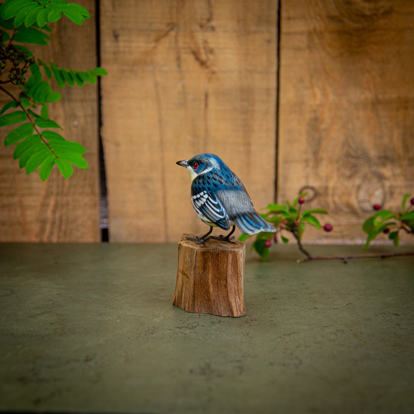 Hand Made Hand Painted Wooden Sculpture of a Cerulean Warbler