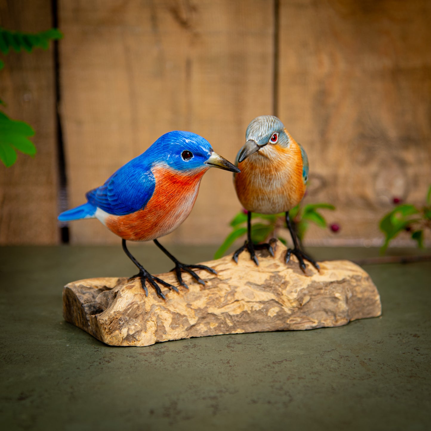 Hand Made Hand Painted Wooden Sculpture of a Pair of Mountain Bluebirds