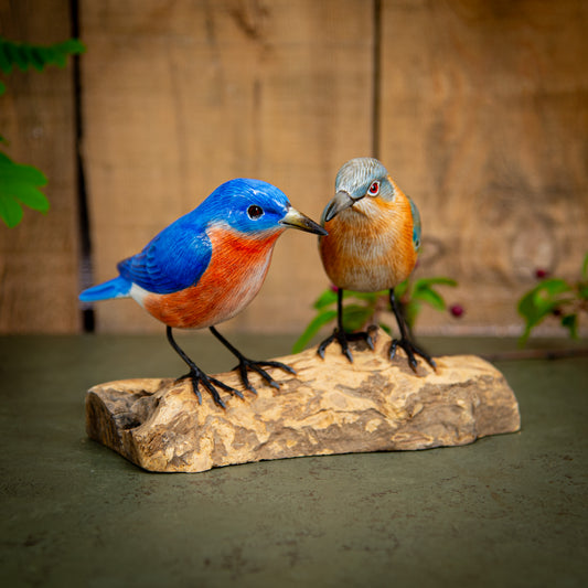Hand Made Hand Painted Wooden Sculpture of a Pair of Mountain Bluebirds