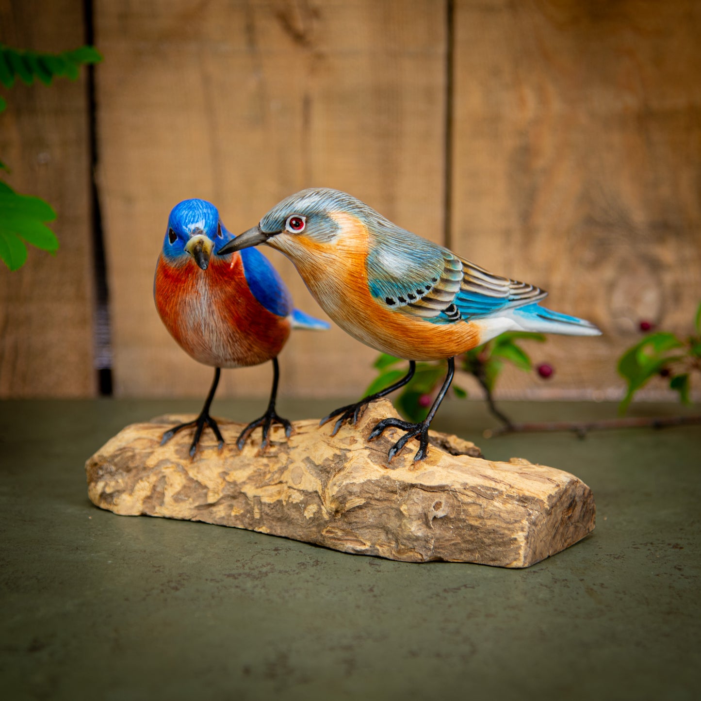 Hand Made Hand Painted Wooden Sculpture of a Pair of Mountain Bluebirds
