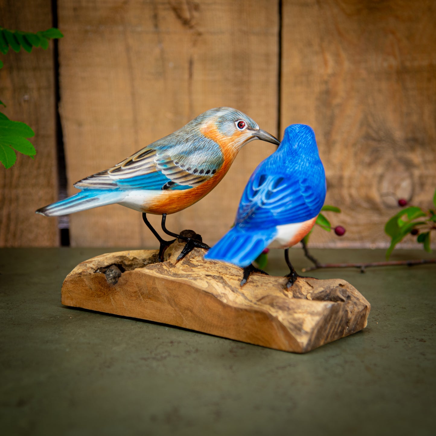 Hand Made Hand Painted Wooden Sculpture of a Pair of Mountain Bluebirds