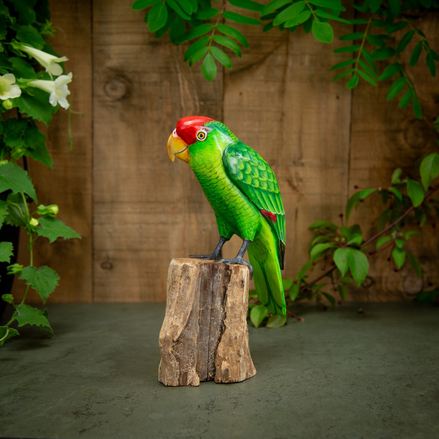 Hand Made Hand Painted Wooden Sculpture of a Red-Crowned Amazon Parrot