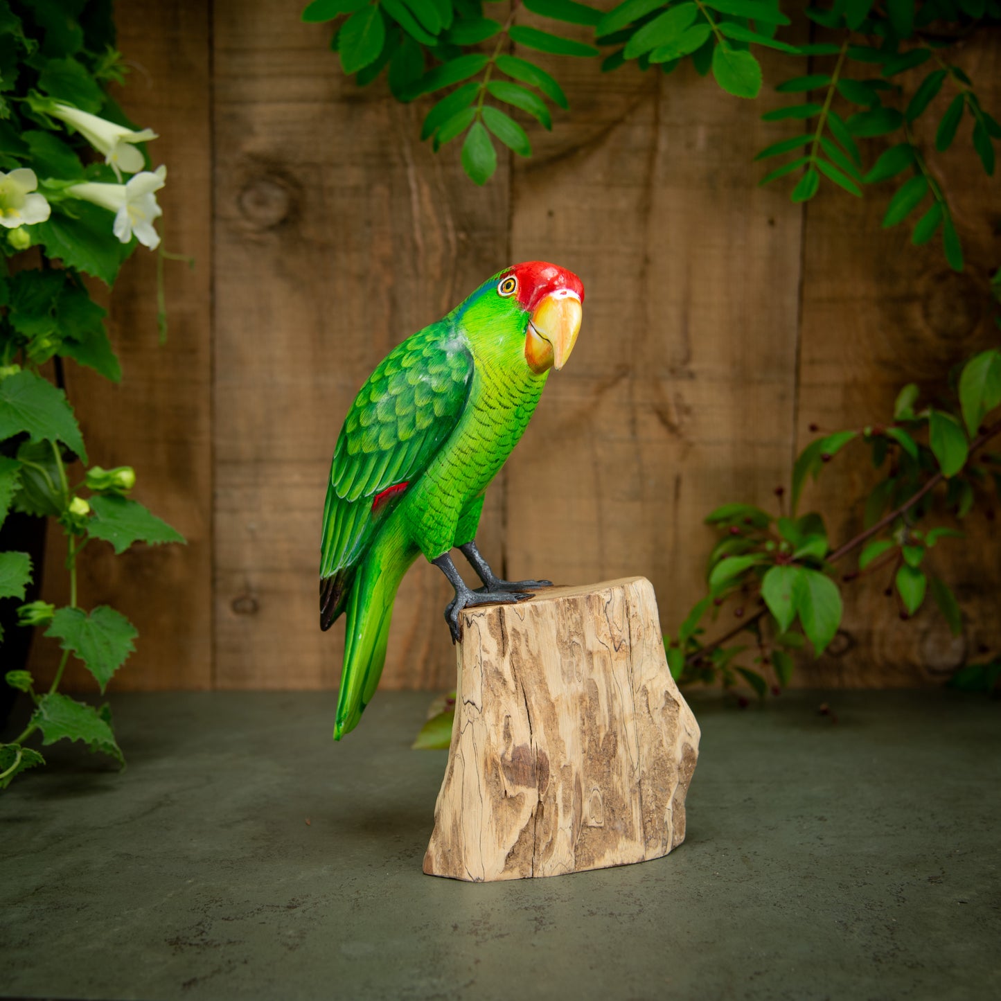 Hand Made Hand Painted Wooden Sculpture of a Red-Crowned Amazon Parrot