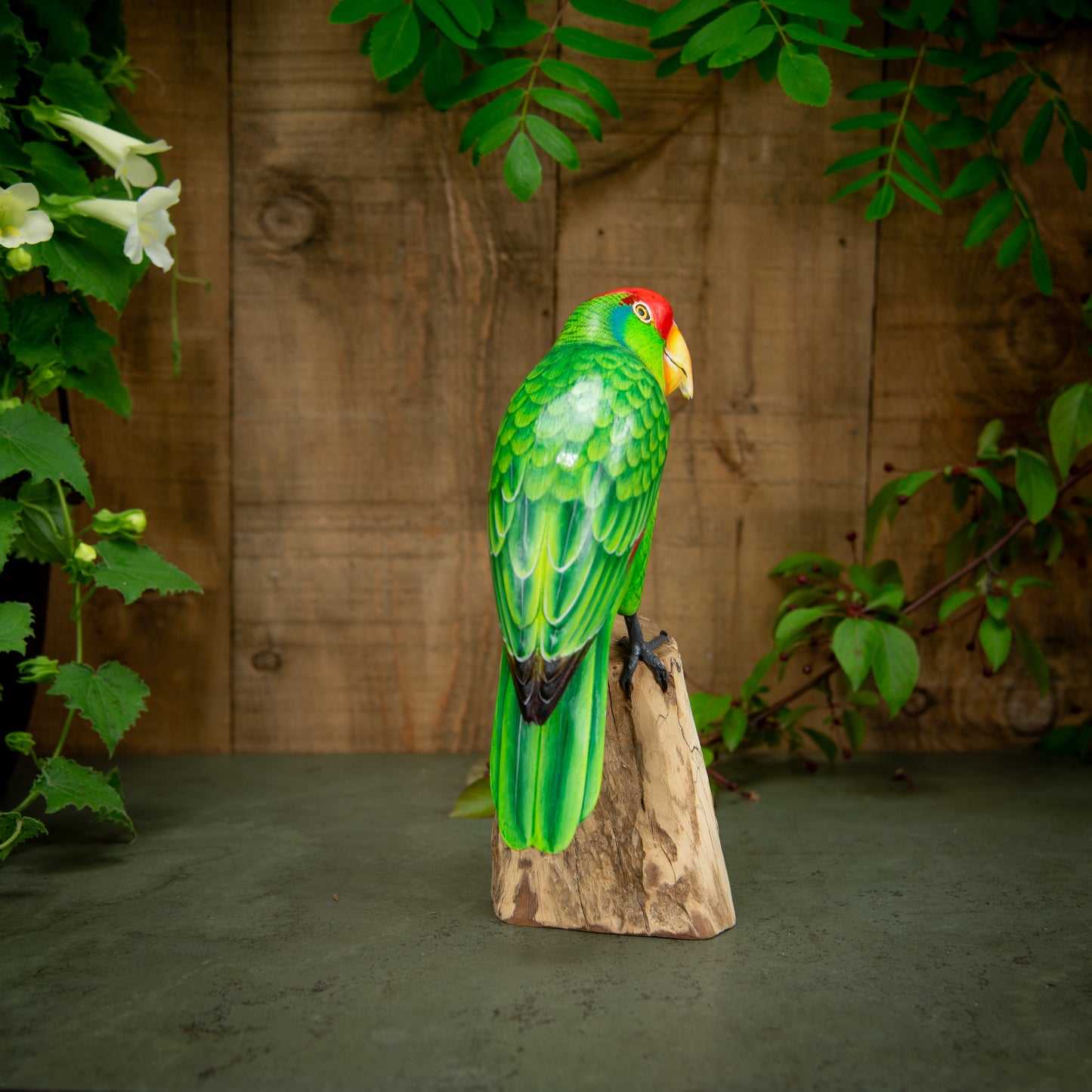 Hand Made Hand Painted Wooden Sculpture of a Red-Crowned Amazon Parrot