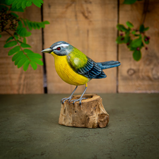 Hand Made Hand Painted Wooden Sculpture of a Giant Yellow-Chested Warbler