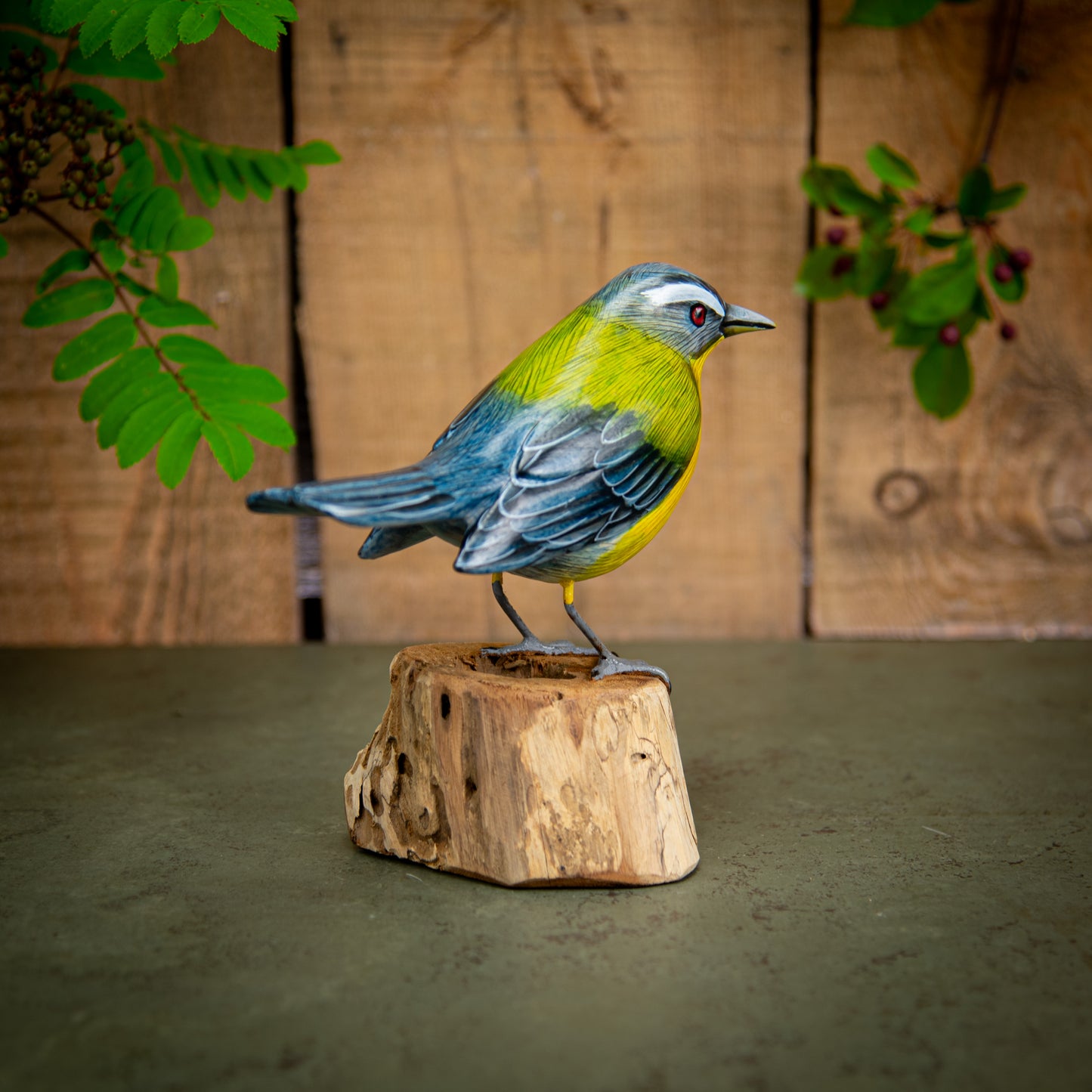 Hand Made Hand Painted Wooden Sculpture of a Giant Yellow-Chested Warbler