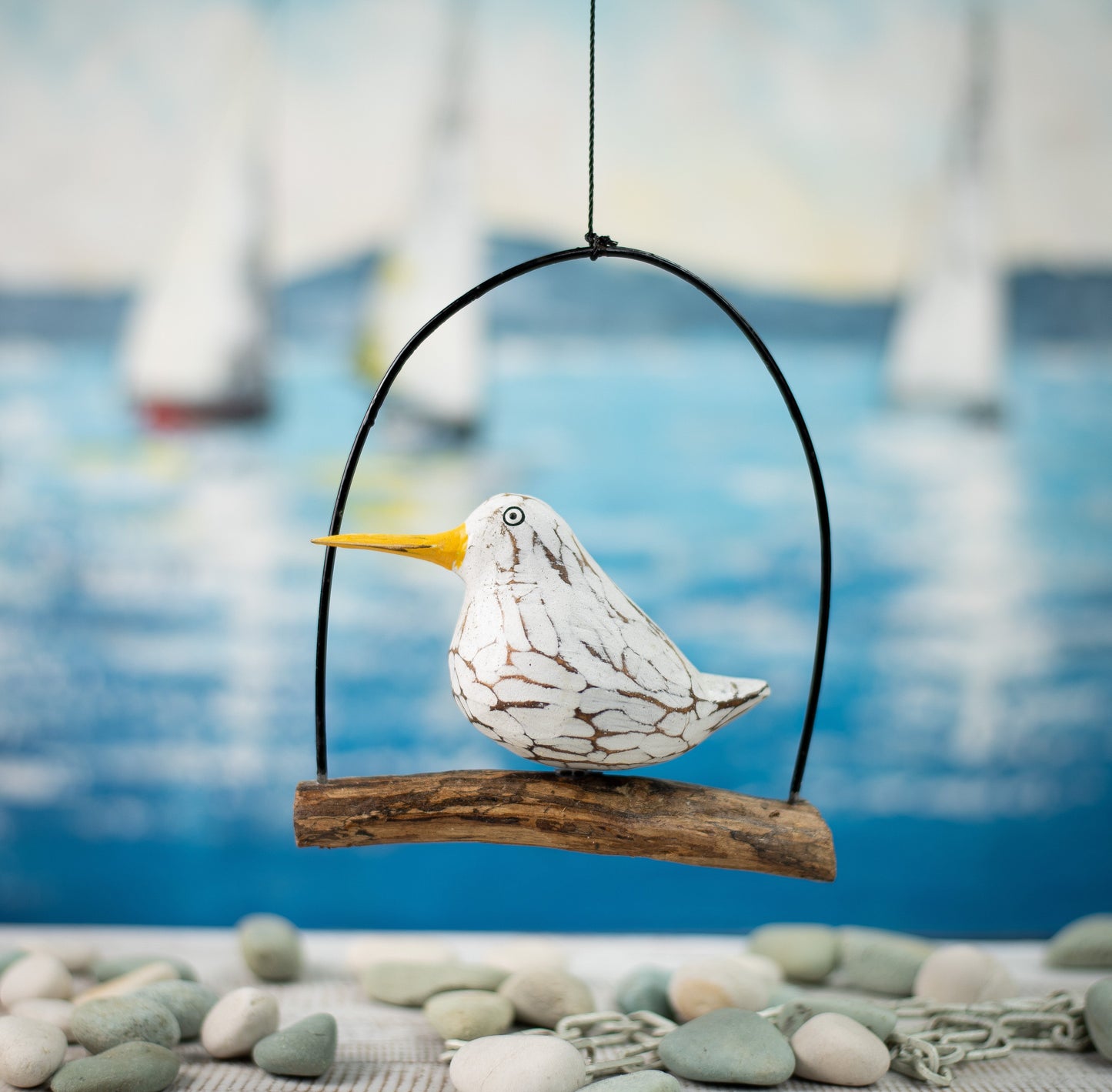 Mobile with Hand Carved, Hand Painted Wooden Seagull