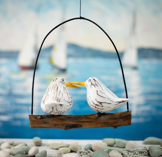 Mobile with Hand Carved, Hand Painted Pair of Wooden Seagulls