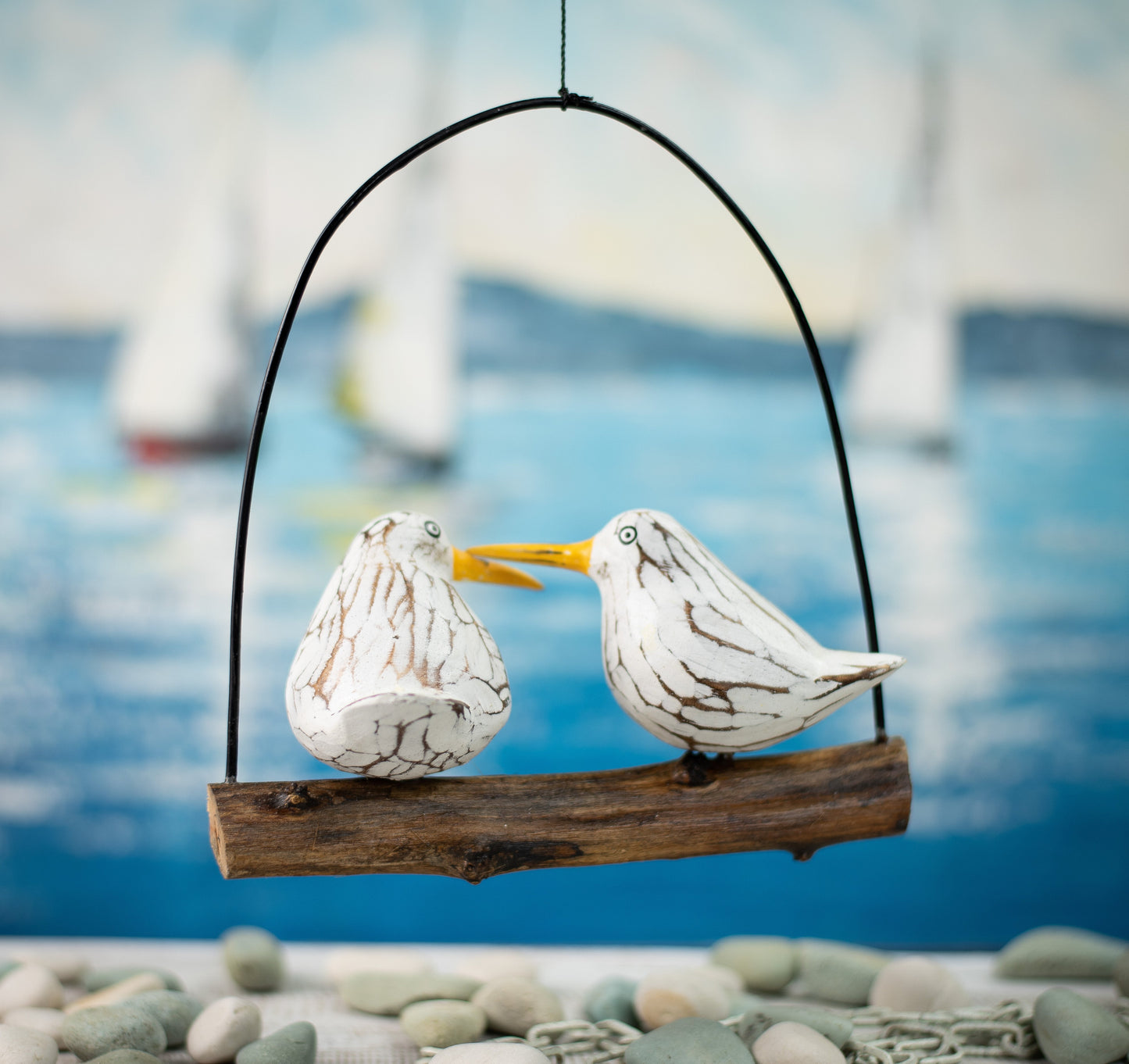 Mobile with Hand Carved, Hand Painted Pair of Wooden Seagulls