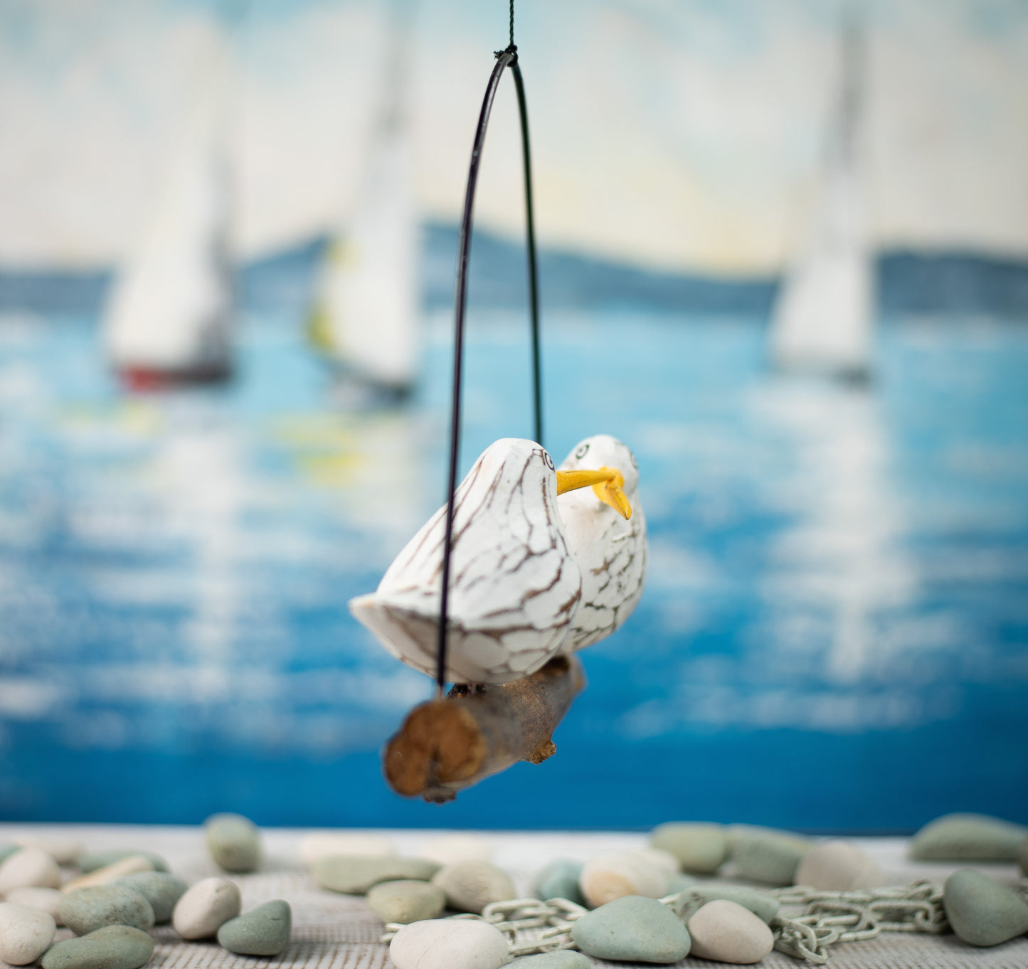 Mobile with Hand Carved, Hand Painted Pair of Wooden Seagulls