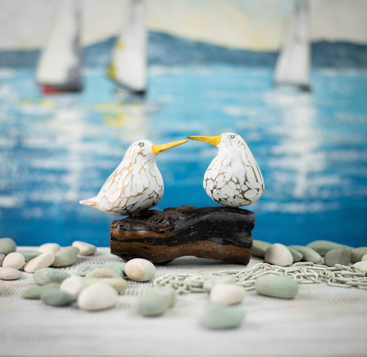 Hand Carved, Hand Painted Wooden Sculpture of a Pair of Seagulls