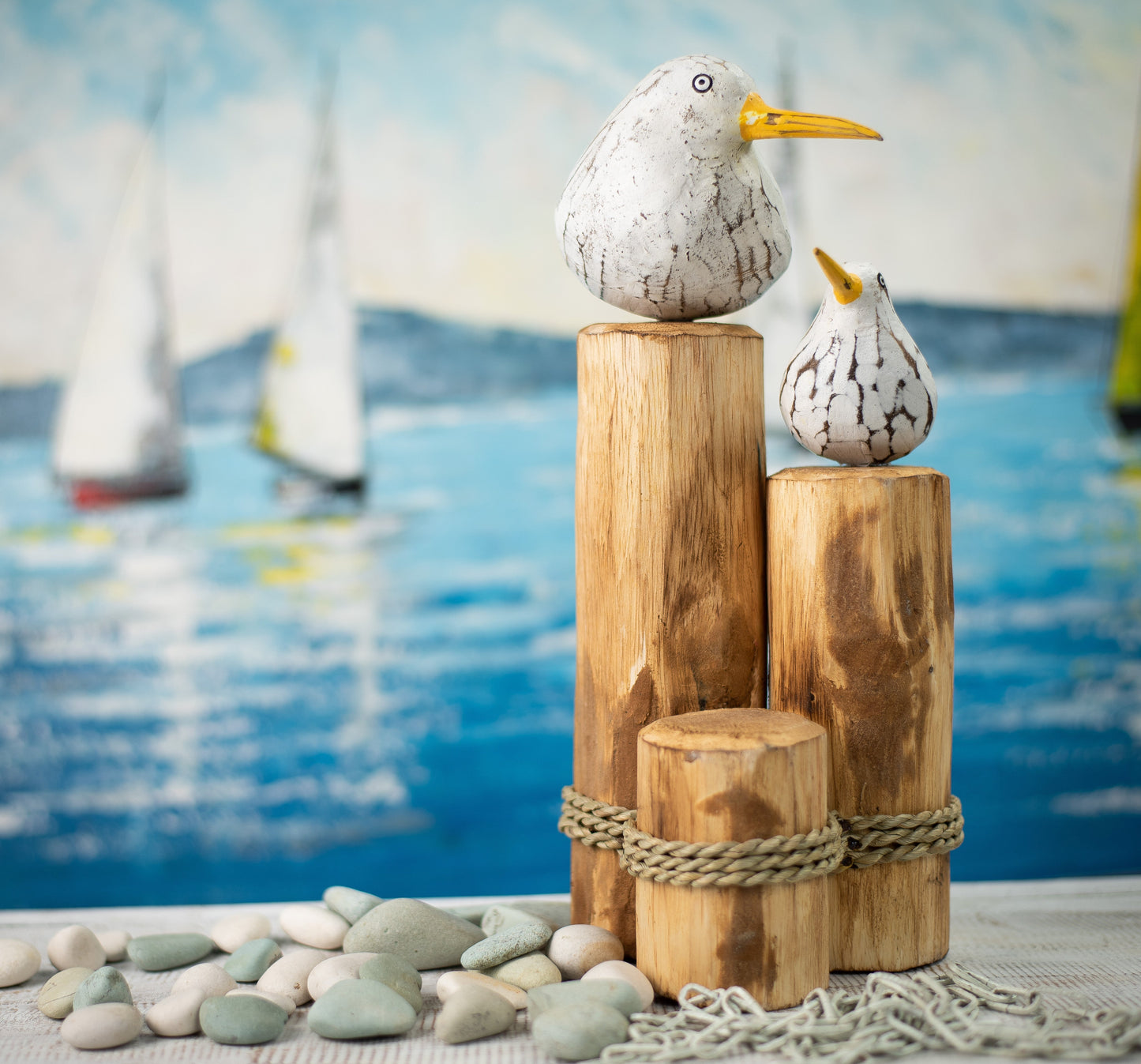 Hand Carved, Hand Painted Wooden Sculpture of Seagulls on Posts