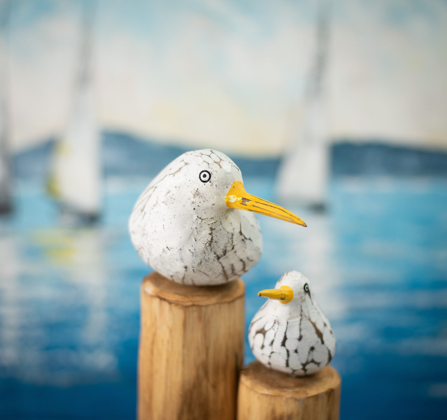 Hand Carved, Hand Painted Wooden Sculpture of Seagulls on Posts