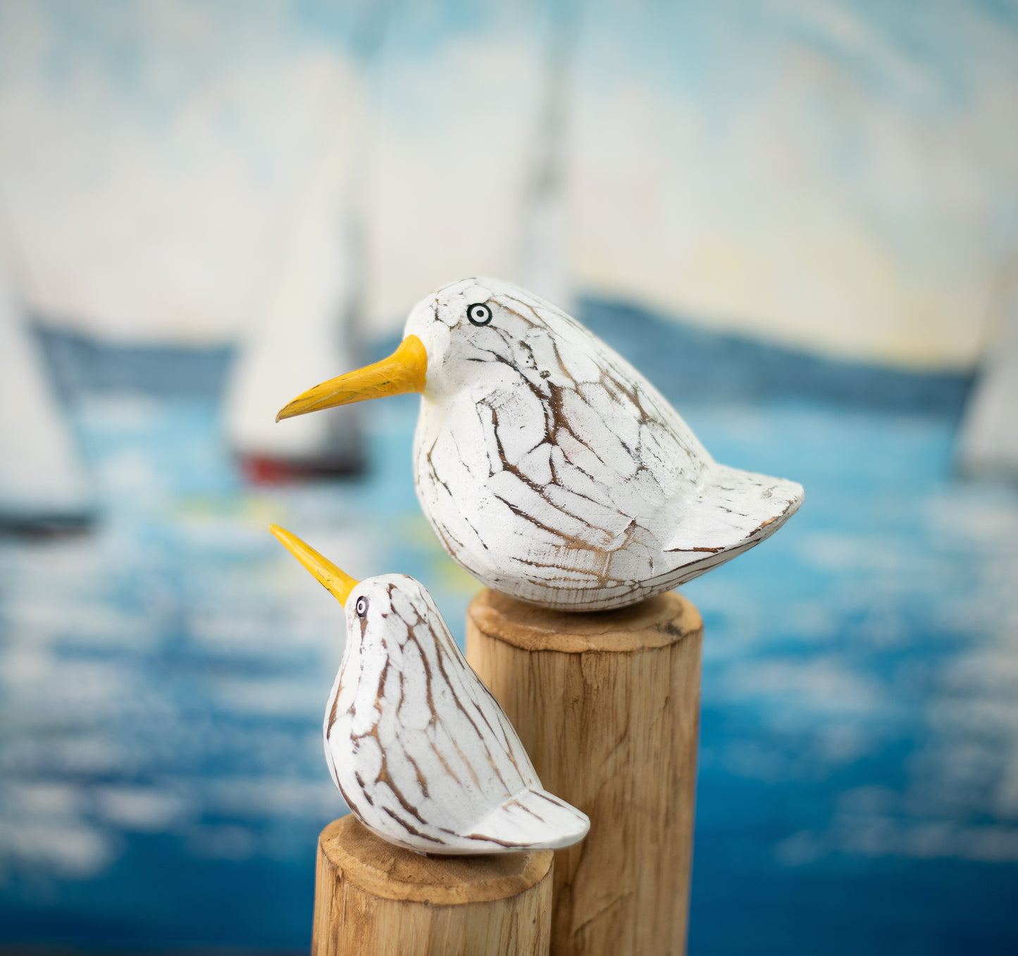 Hand Carved, Hand Painted Wooden Sculpture of Seagulls on Posts