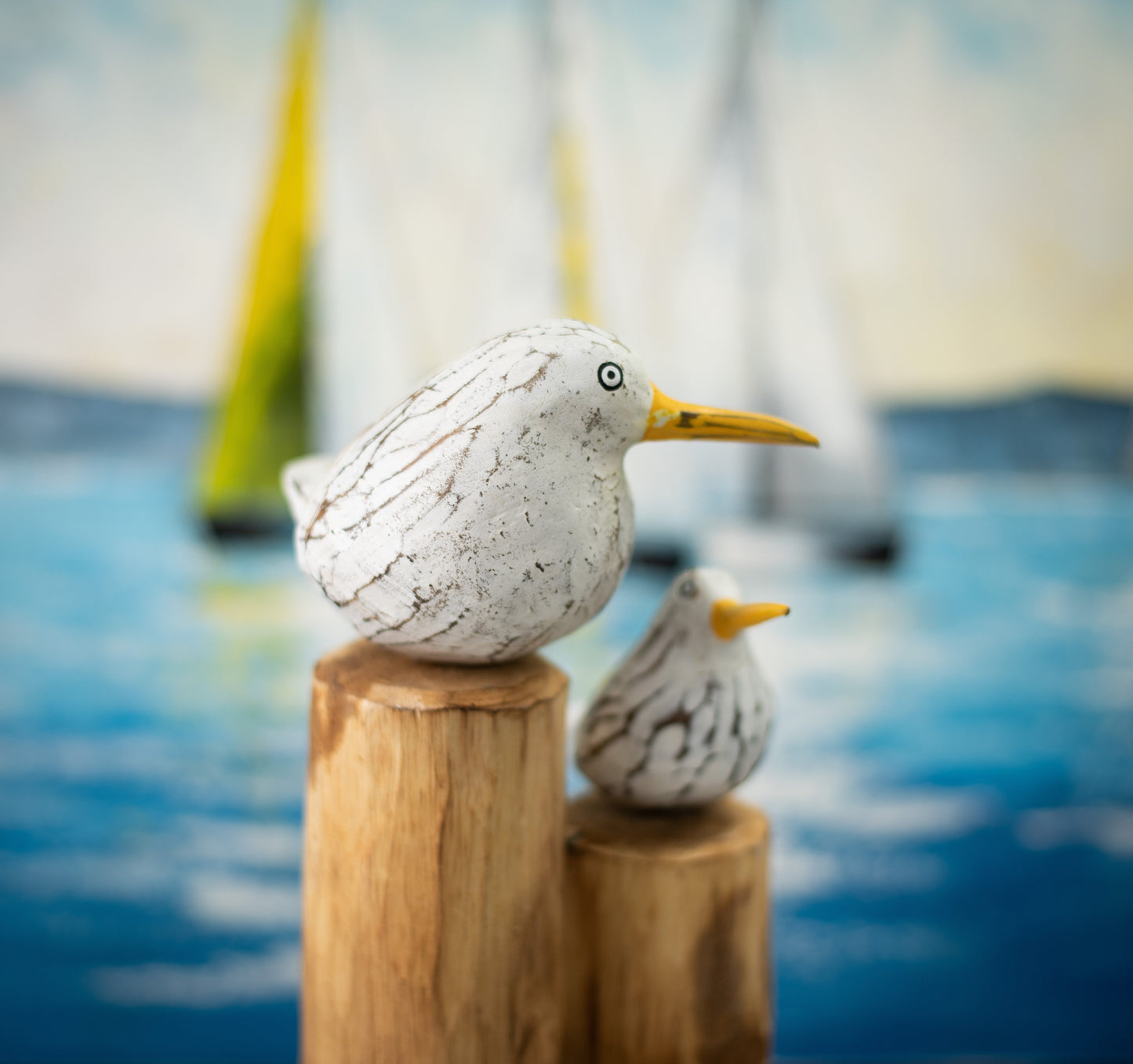Hand Carved, Hand Painted Wooden Sculpture of Seagulls on Posts
