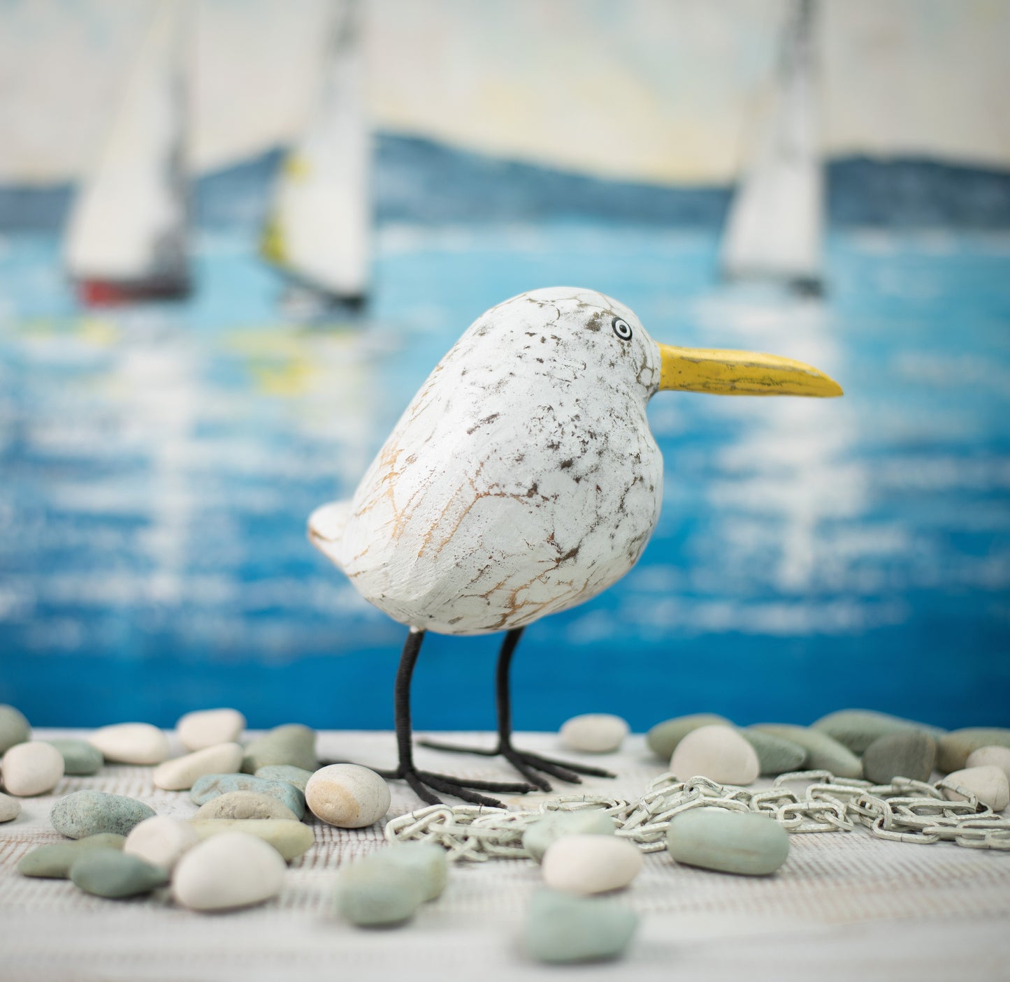 Hand Carved, Hand Painted Wooden Sculpture of a Seagull