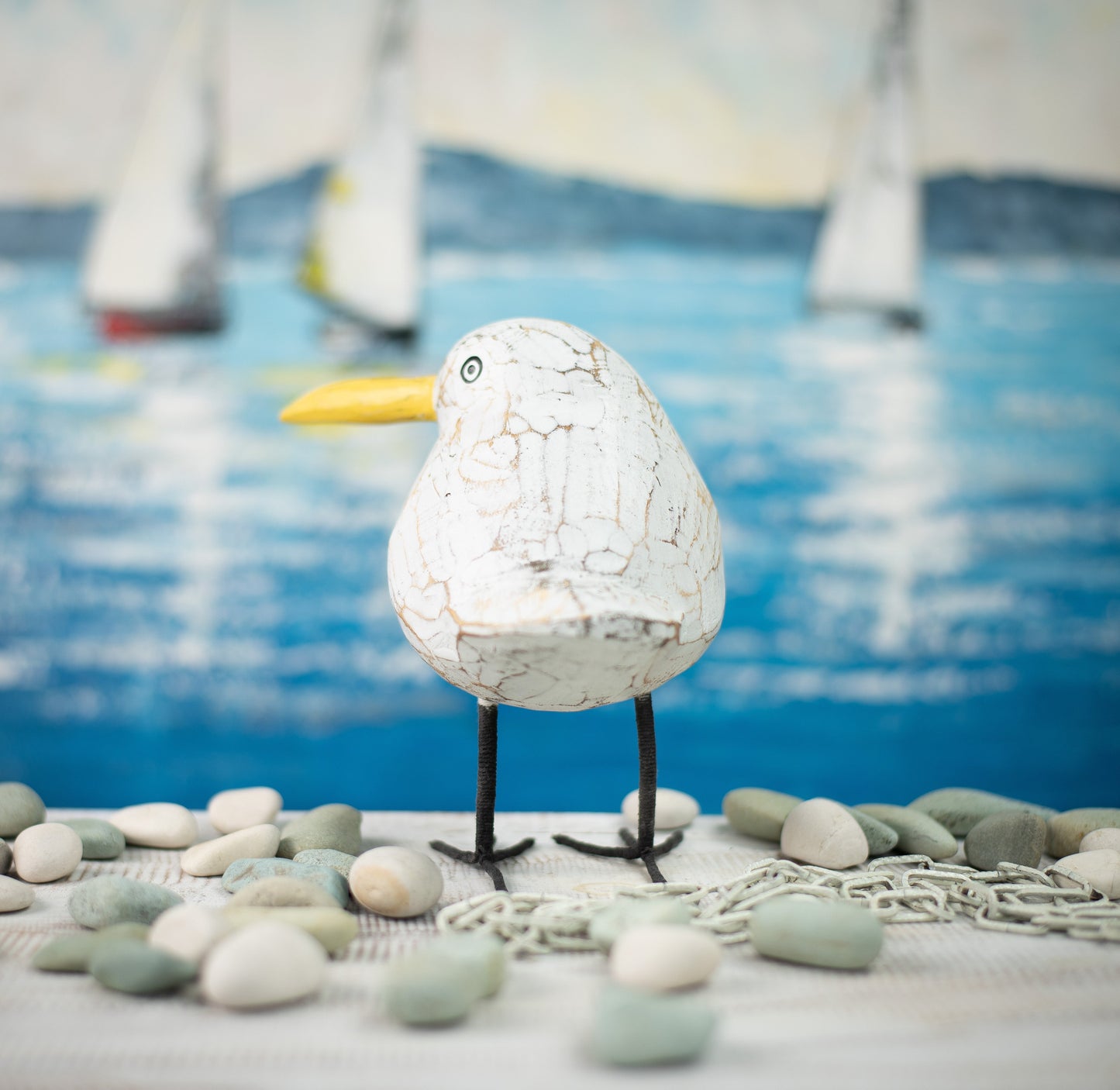 Hand Carved, Hand Painted Wooden Sculpture of a Seagull