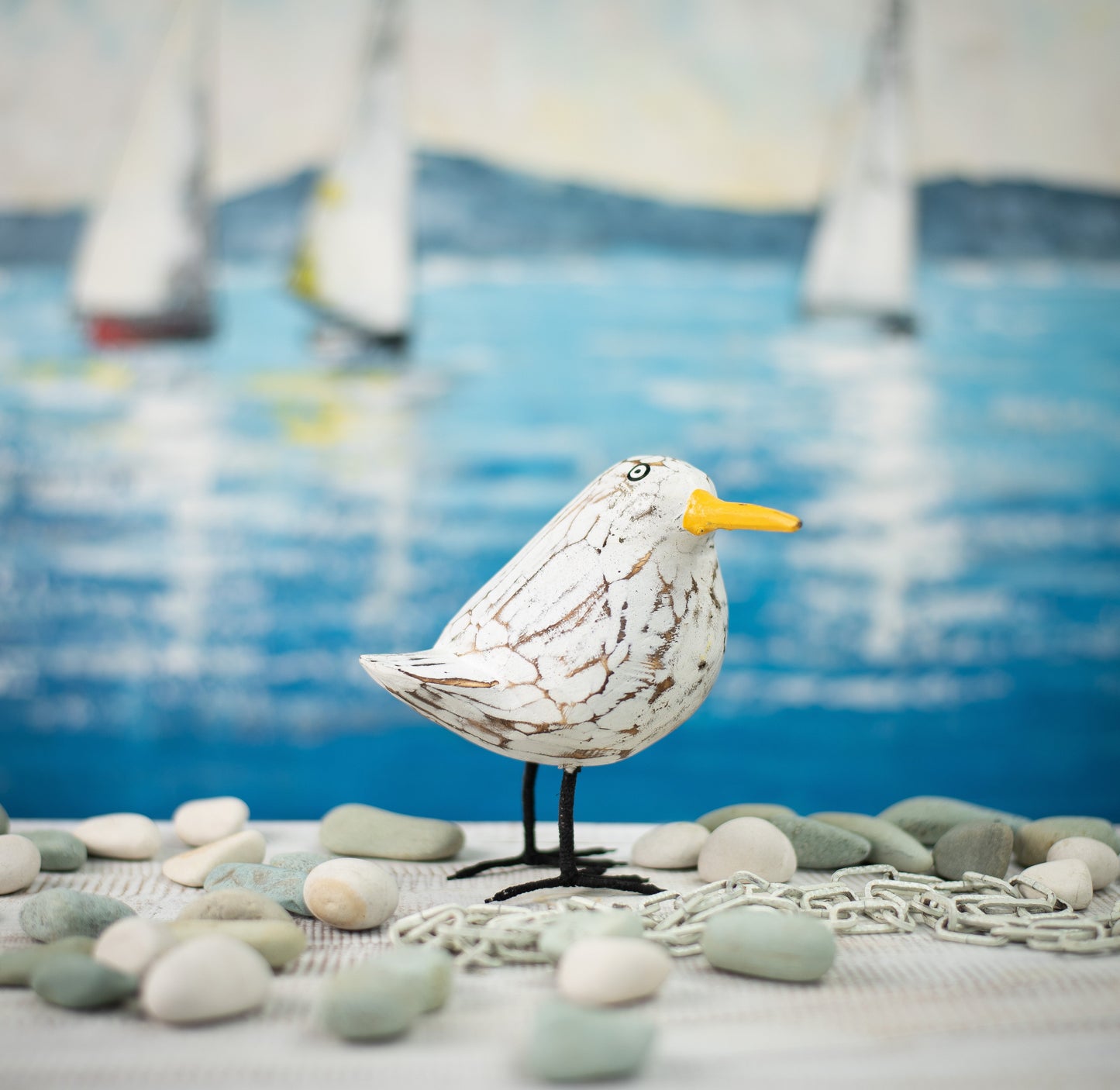 Hand Carved, Hand Painted Wooden Sculpture of a Seagull