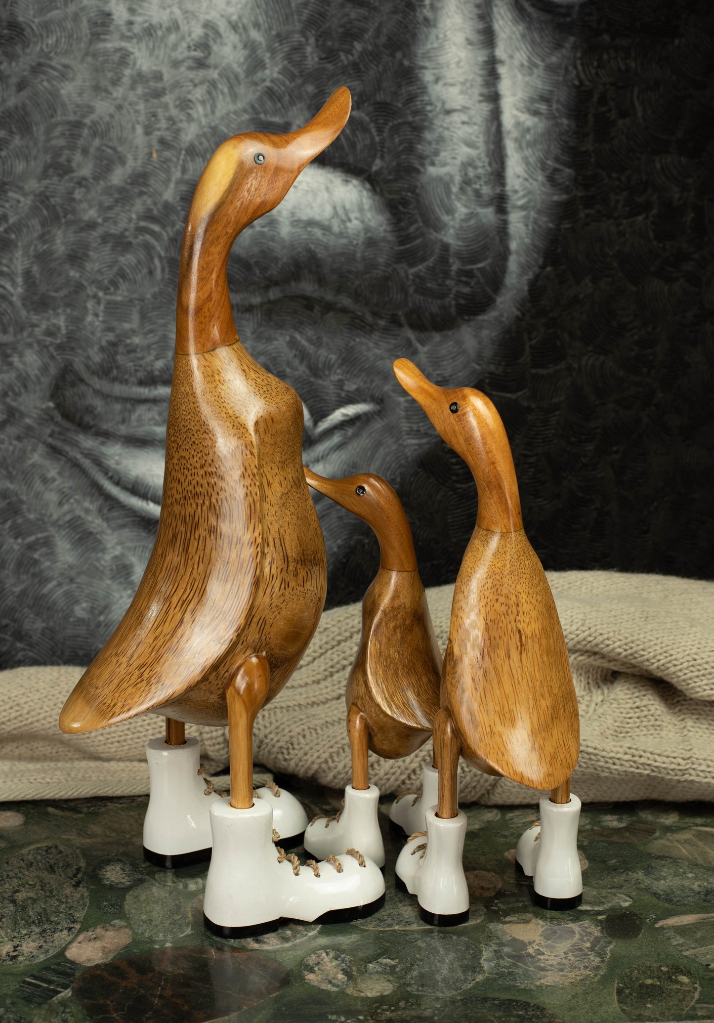 Hand Carved, Hand Painted Wooden Sculpture of a Duck in Shiny White Boots