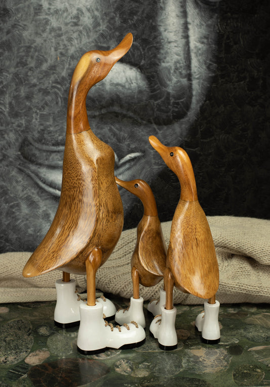 Hand Carved, Hand Painted Wooden Sculpture of a Duck in Shiny White Boots
