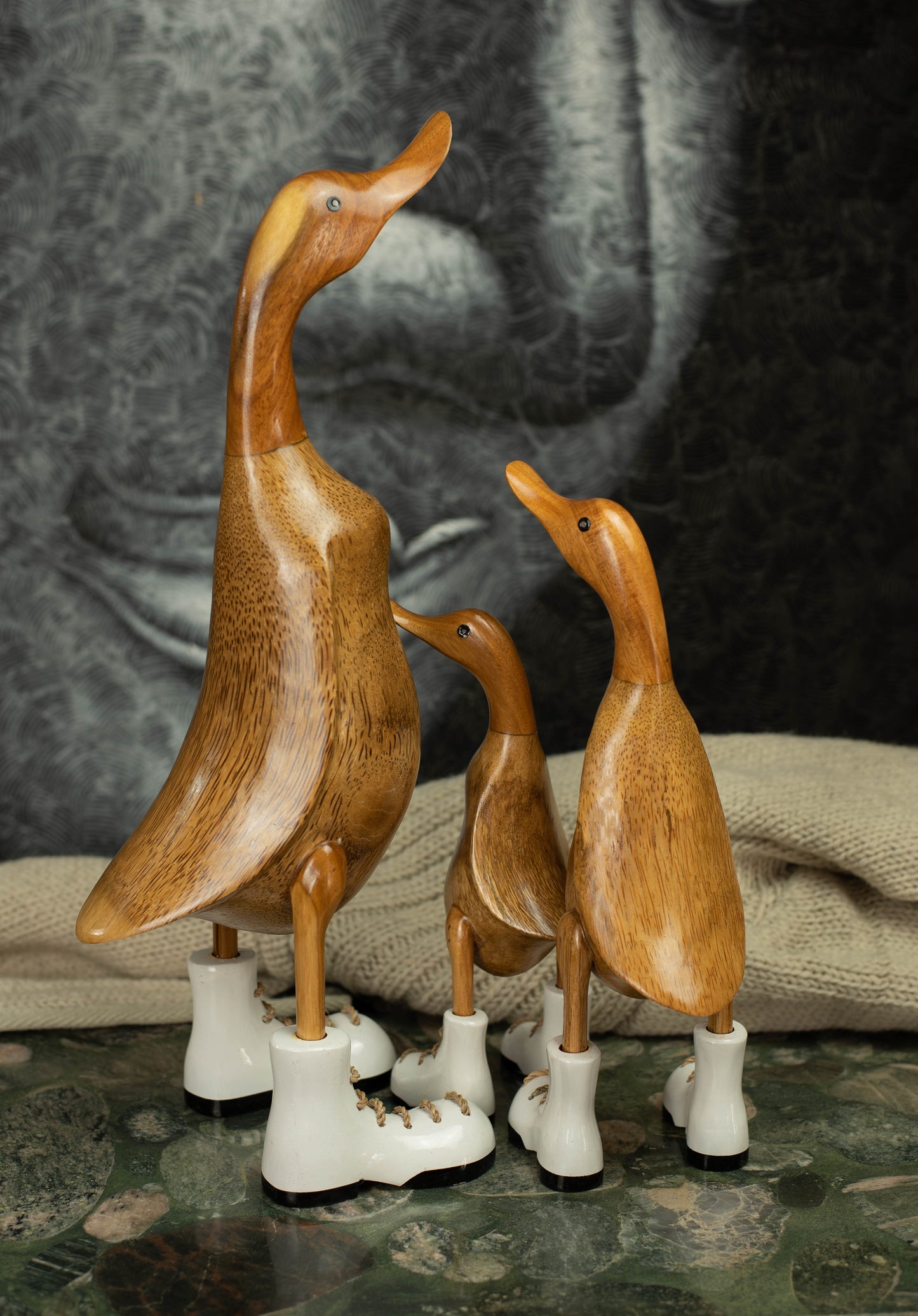 Hand Carved, Hand Painted Wooden Sculpture of a Duck in Shiny White Boots