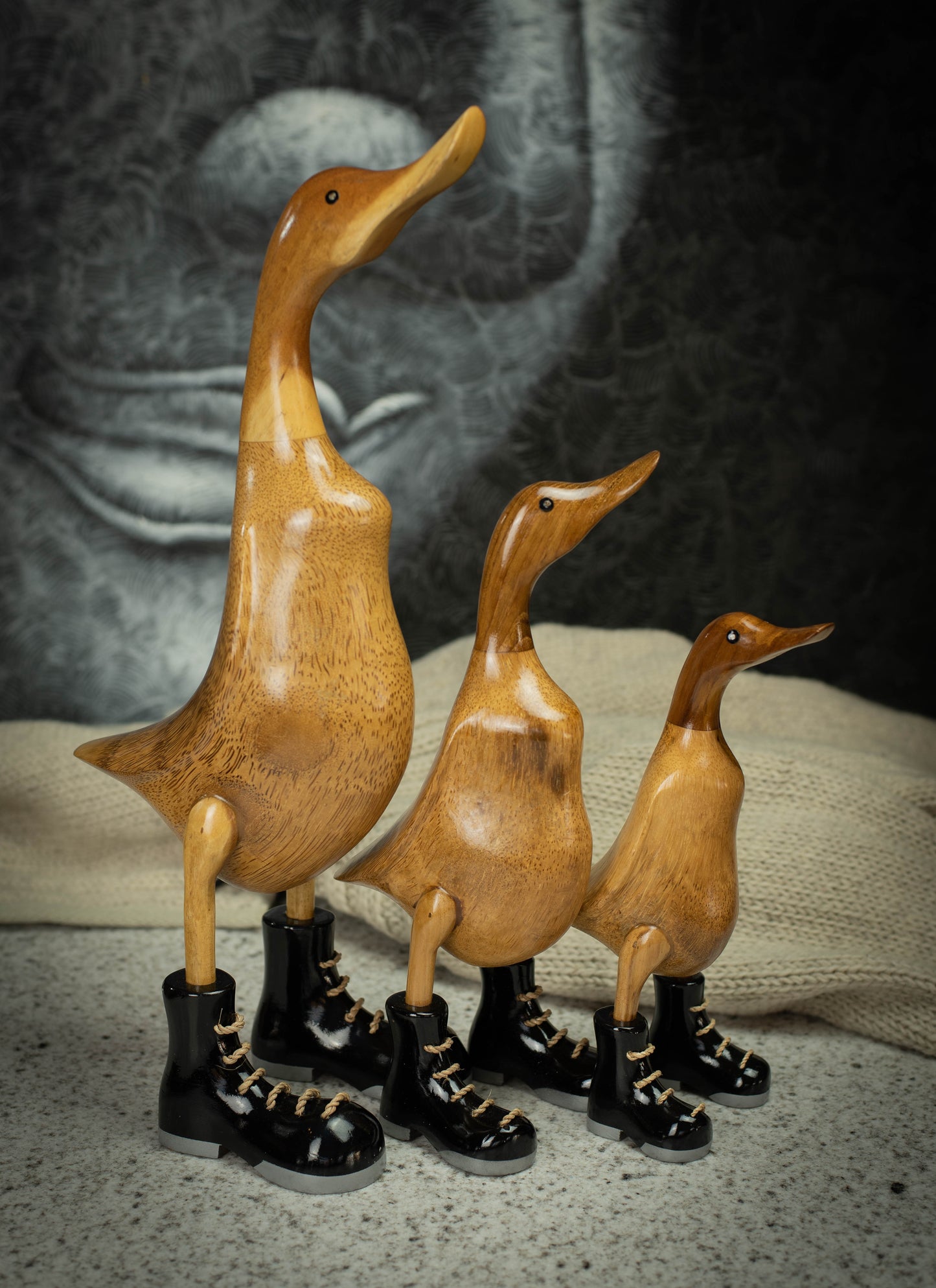 Hand Carved, Hand Painted Wooden Sculpture of a Duck in Shiny Black Boots
