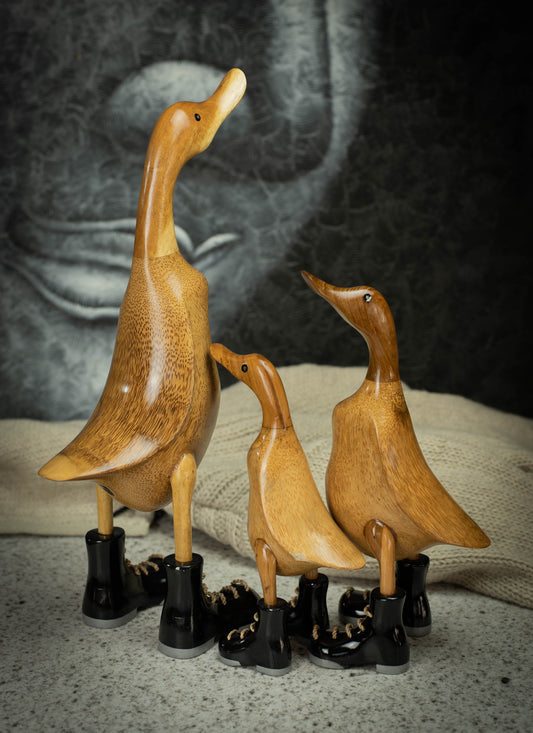 Hand Carved, Hand Painted Wooden Sculpture of a Duck in Shiny Black Boots