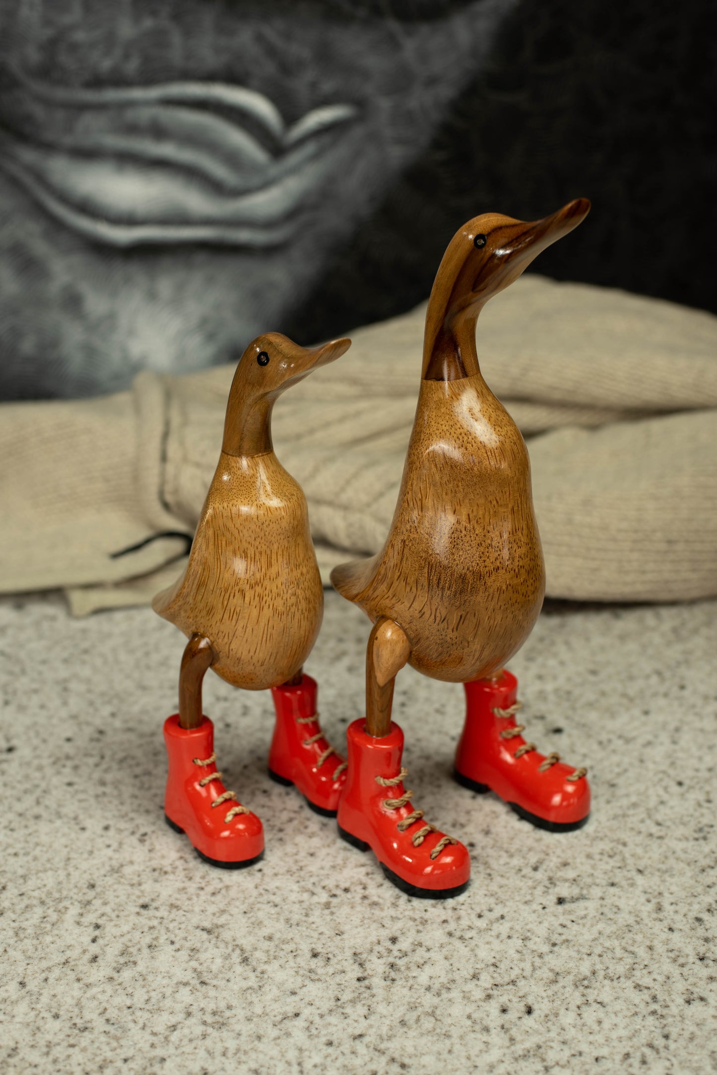 Hand Carved, Hand Painted Wooden Sculpture of a Duck in Shiny Orange Boots