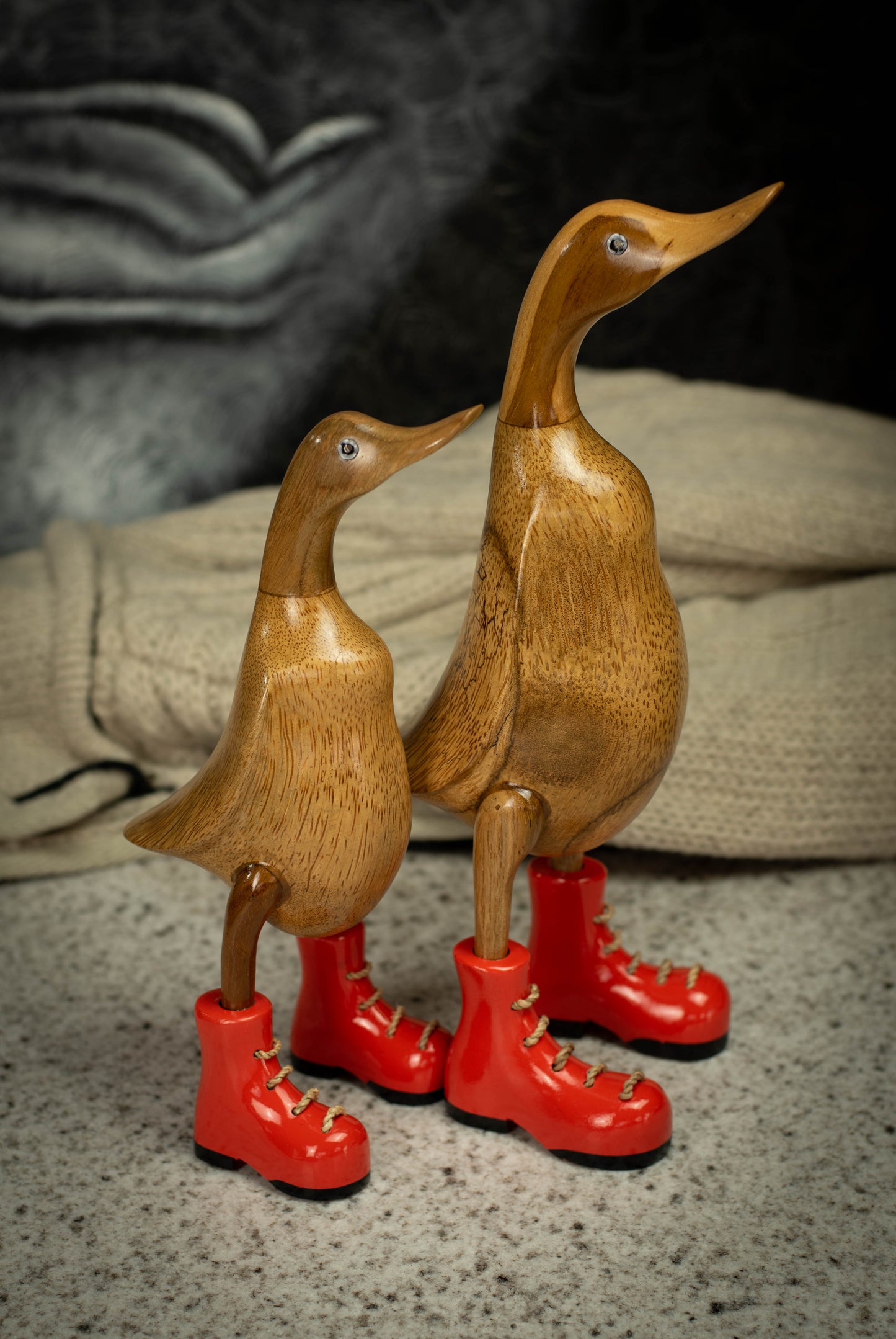 Hand Carved, Hand Painted Wooden Sculpture of a Duck in Shiny Orange Boots