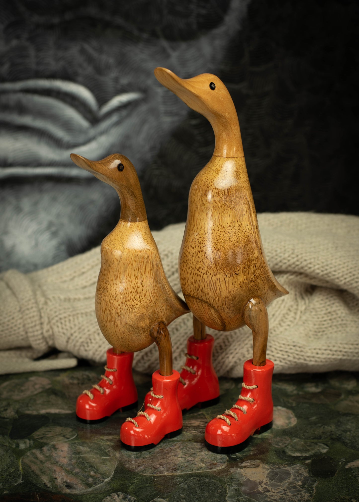 Hand Carved, Hand Painted Wooden Sculpture of a Duck in Shiny Orange Boots