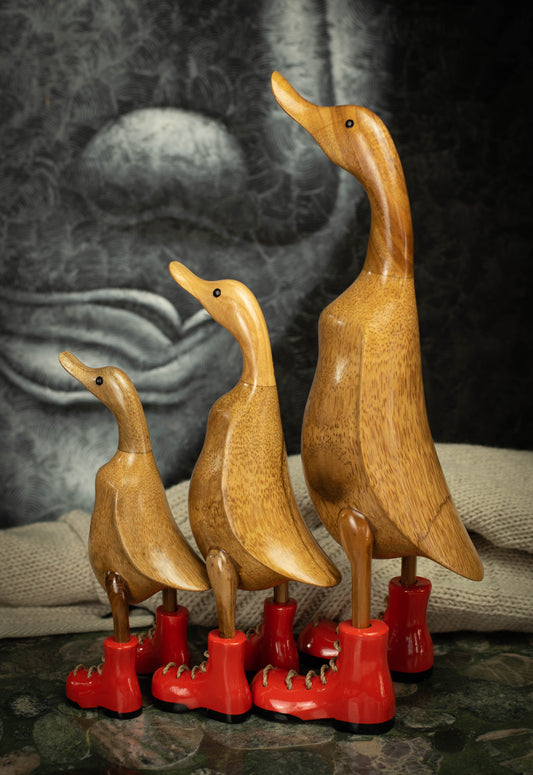 Hand Carved, Hand Painted Wooden Sculpture of a Duck in Shiny Orange Boots