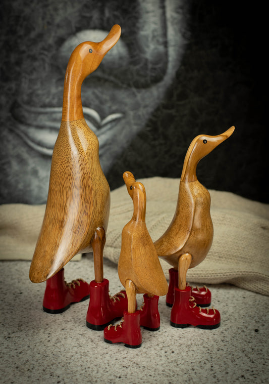 Hand Carved, Hand Painted Wooden Sculpture of a Duck in Shiny Red Boots
