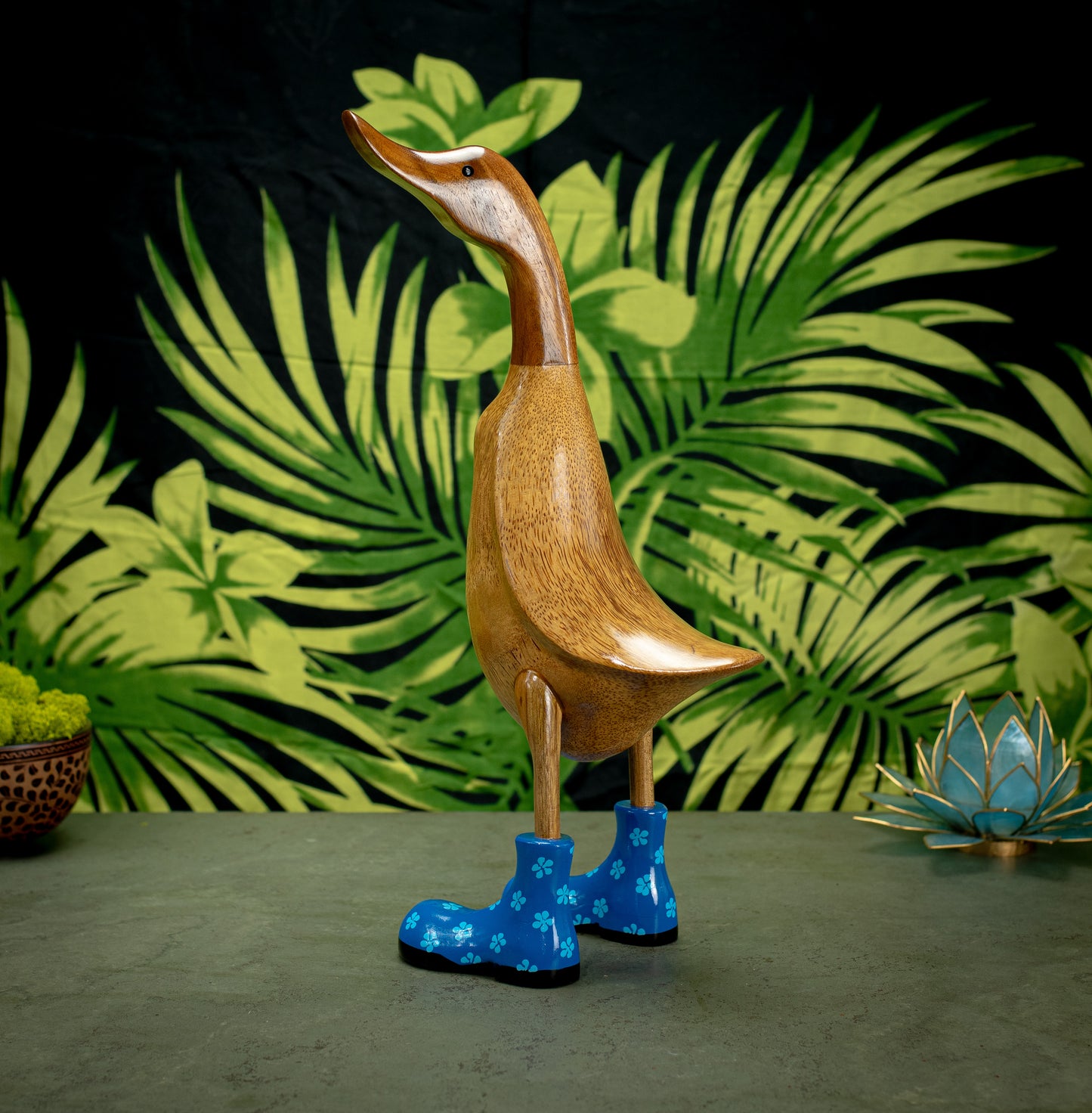 Hand Carved, Hand Painted Wooden Sculpture of a Duck in Shiny Blue Boots with Flowers